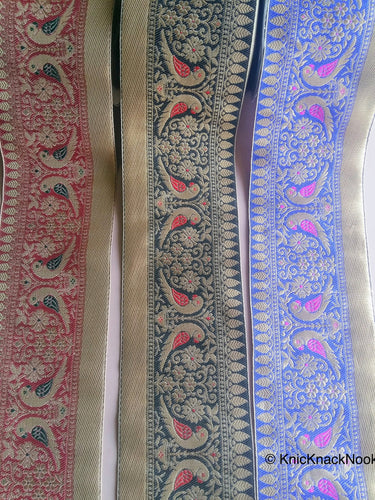 Gold, Blue And Fuchsia Pink Fabric Lace, Parrots And Floral Design Embroidery